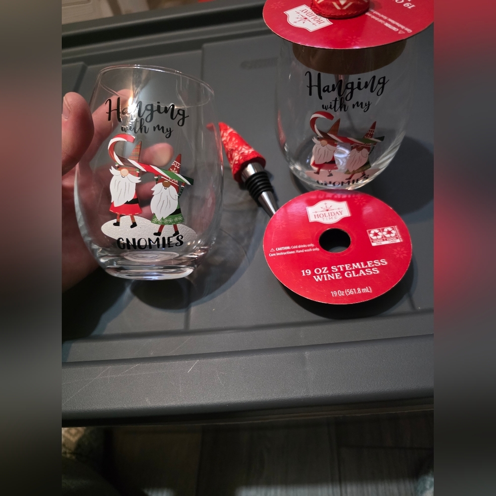 Holiday Wine Glass Set with Gnomes - Red and Green- With Wine Stoppers- NEW